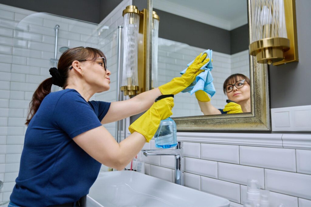 Worker Cleaning Bathroom Mirror in Paxton